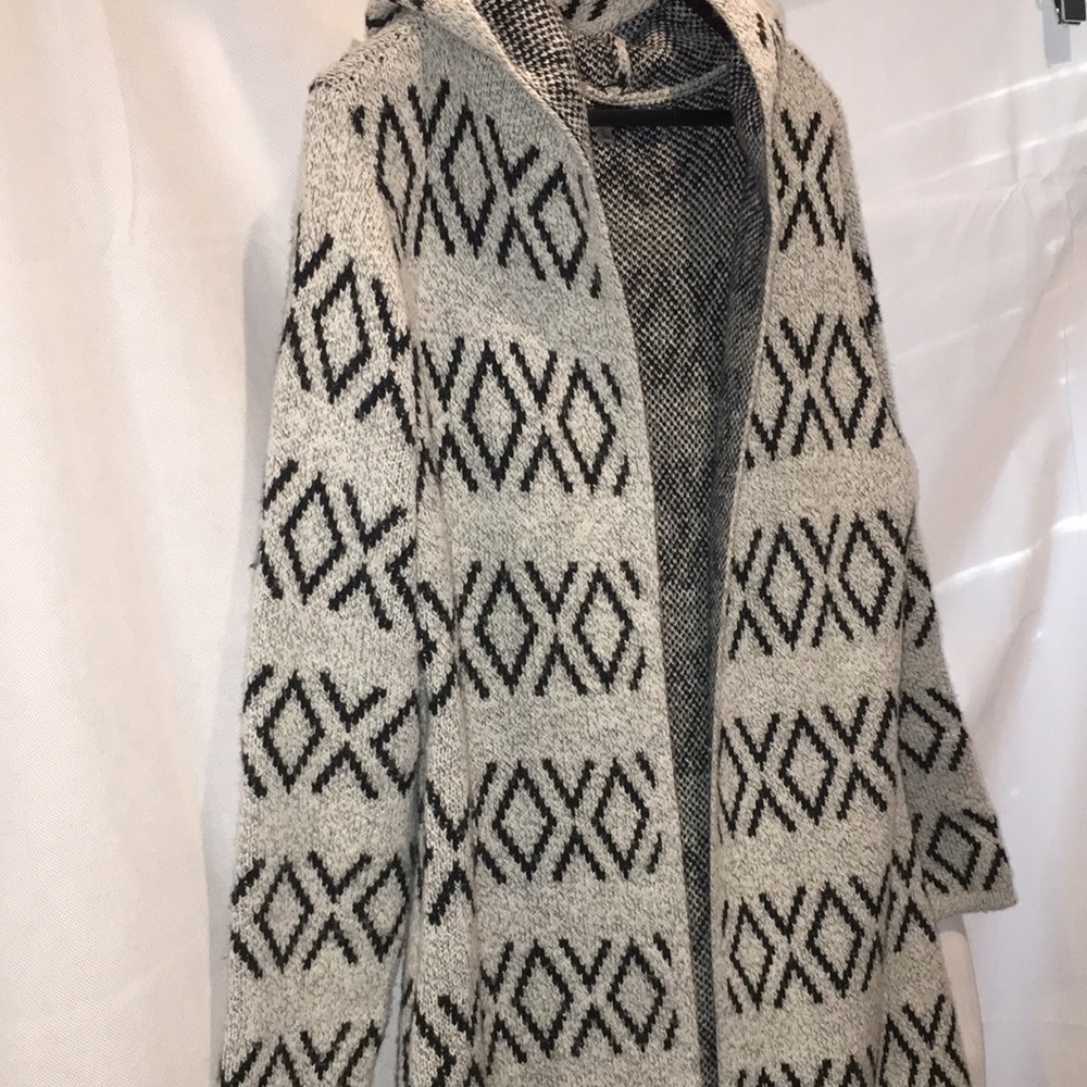 Sioni Open Front Hooded Sweater Coat | MIDI Length | Geometric Pattern | Size L